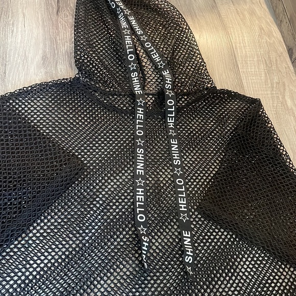 Black mesh,knit pullover w hoodie and drawstring, coverup, see through,Large - Picture 7 of 9
